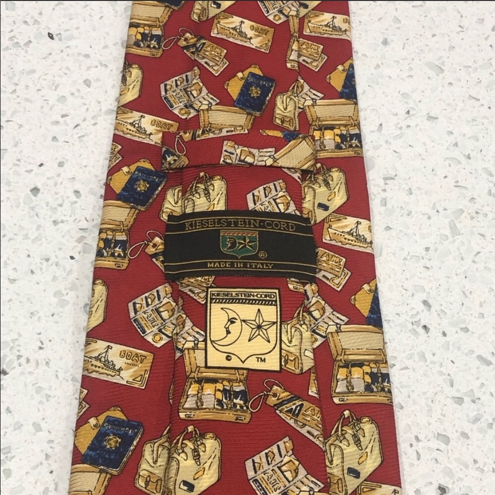 Kieselstein-Cord Red Luggage Print Silk Tie EUC